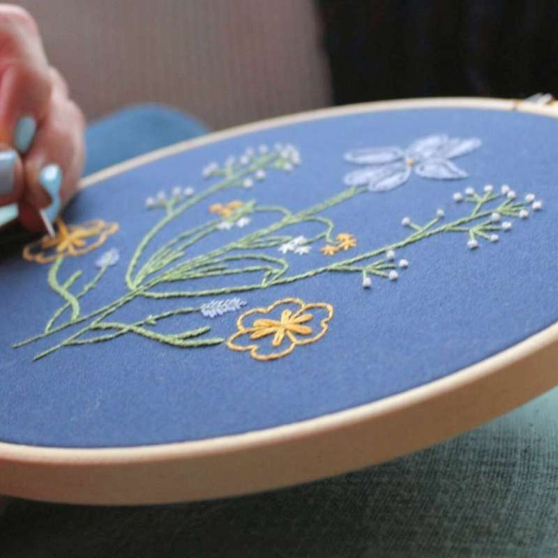 Botanicals Embroidery kit close up with needle stitching flower