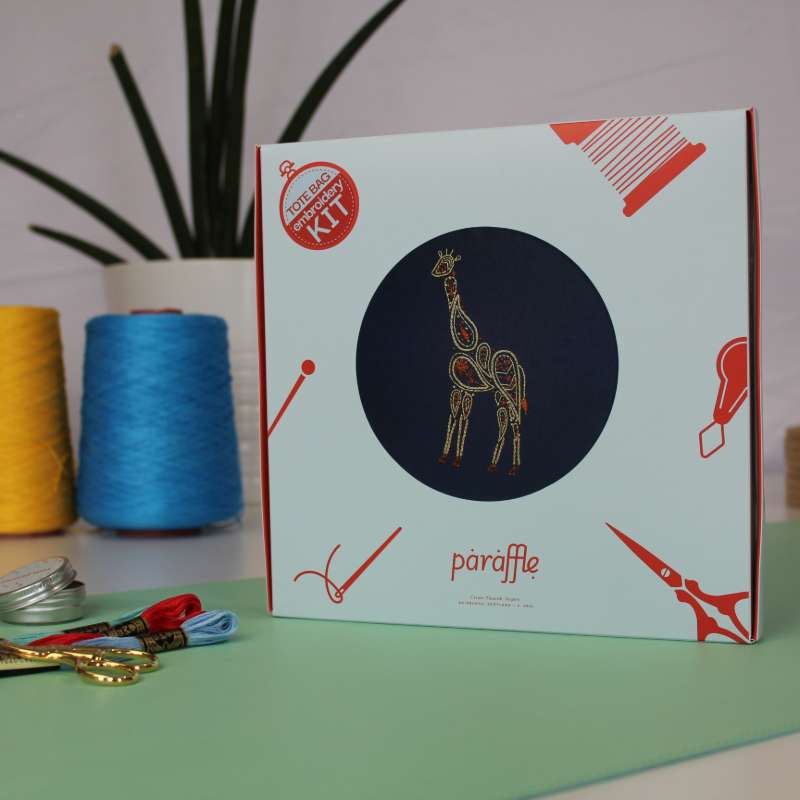 Photo showing the gift box packaging the Giraffe Tote bag embroidery kit arrives in