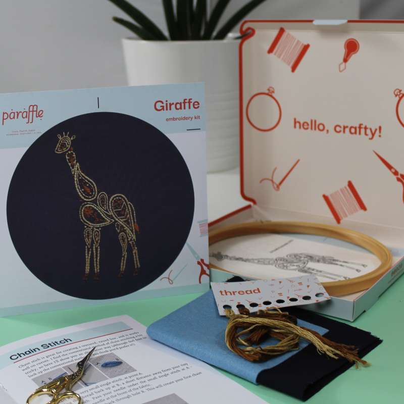 Photo of all of the contents of the Giraffe embroidery kit