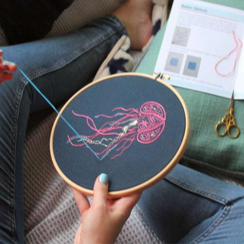 Jellyfish embroidery design being embroidered on navy fabric held in hands