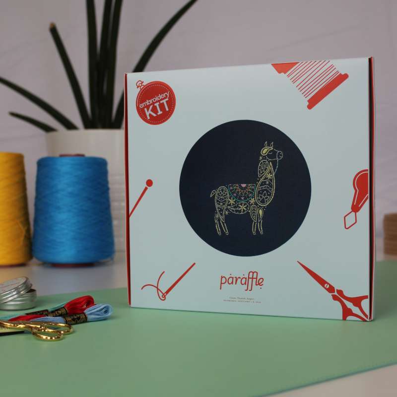 Photo showing the giftbox style packaging the Llama embroidery kit arrives in