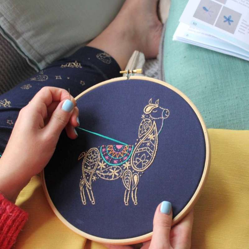 Paisley embroidered llama in brown orange green and pink thread, being sewn on navy fabric