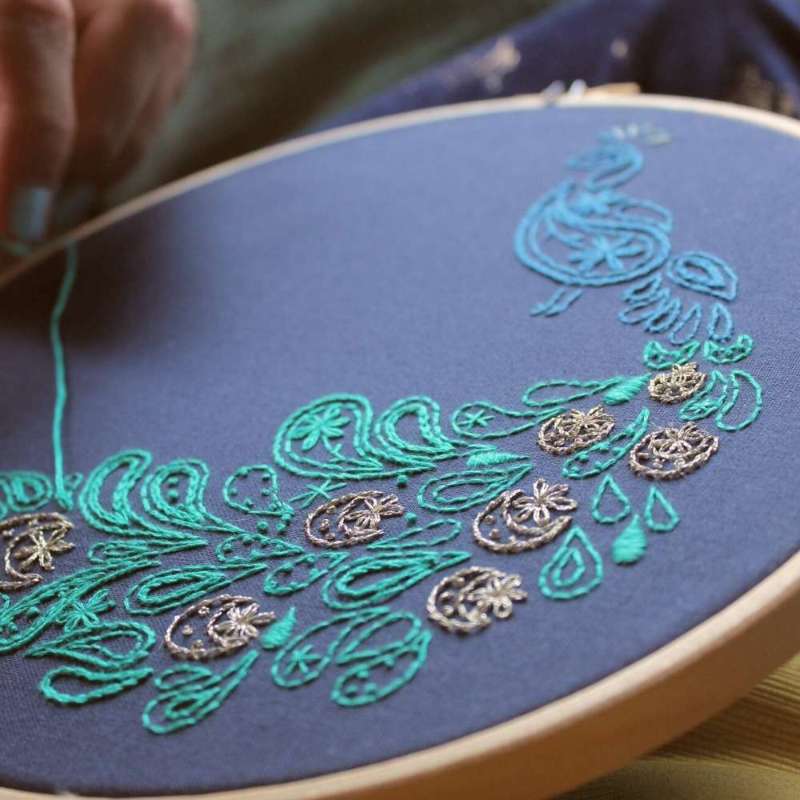 Angled close up of a teal, blue and gold paisley embroidered peacock on navy fabric 