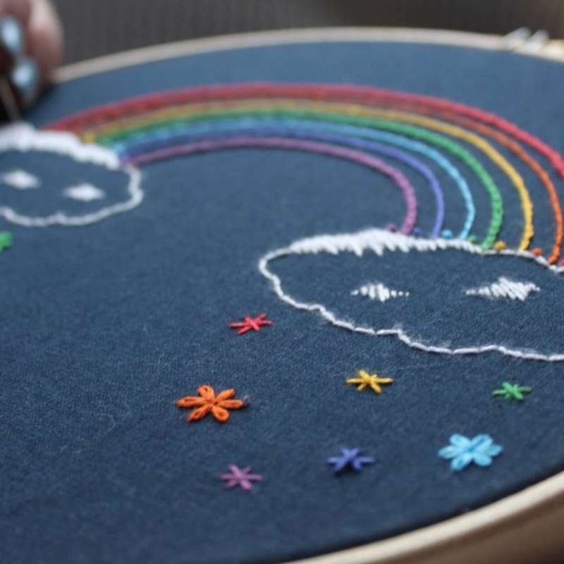 A very close angled photo of an embroidered rainbow on navy blue fabric