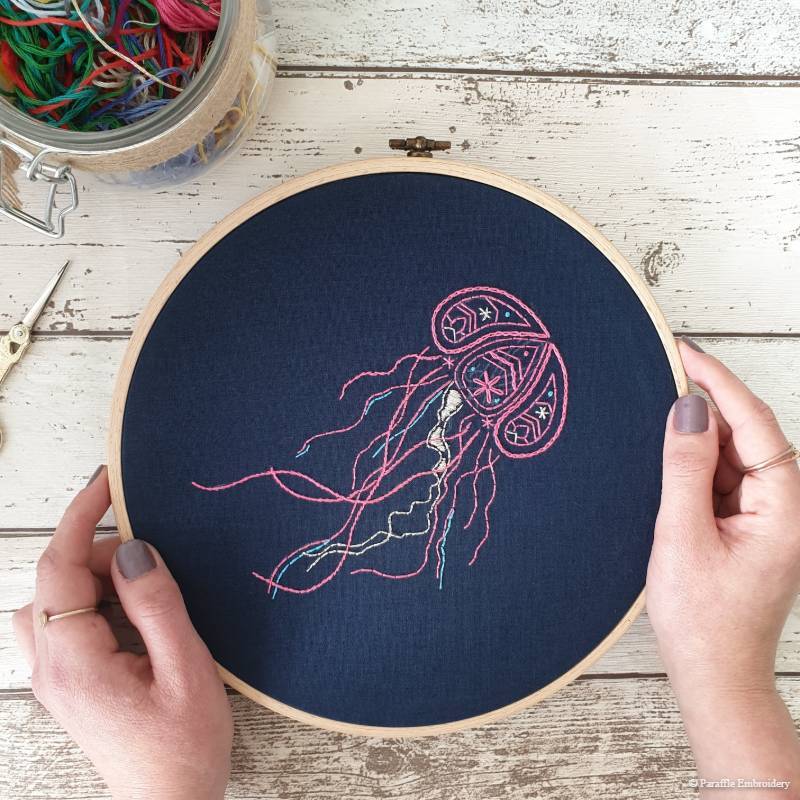 Detail view of paisley jellyfish hand embroidery on navy fabric